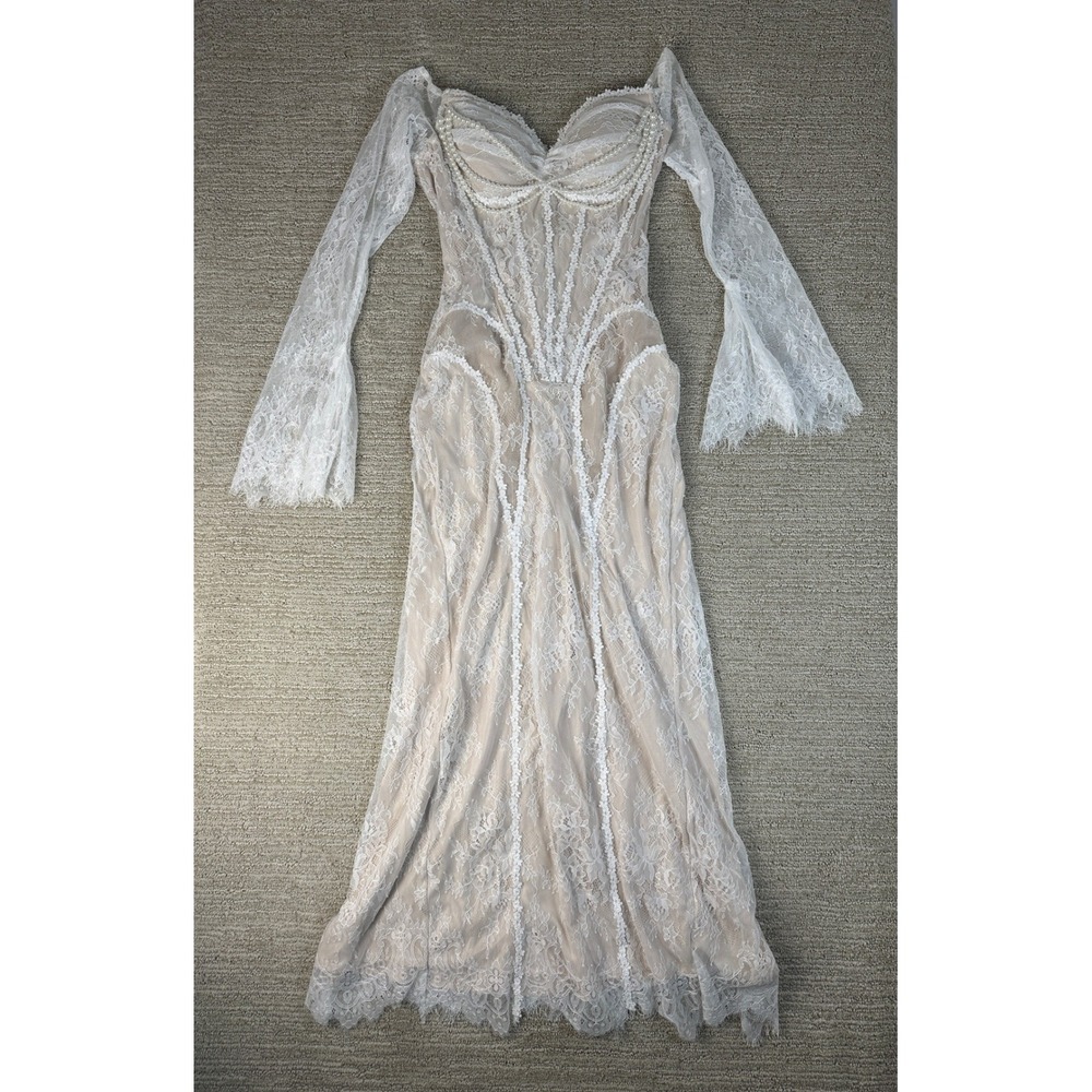 Lace Made White Lace Corset Maxi Dress Pearl Sweetheart Bell Sleeve Mermaid S
